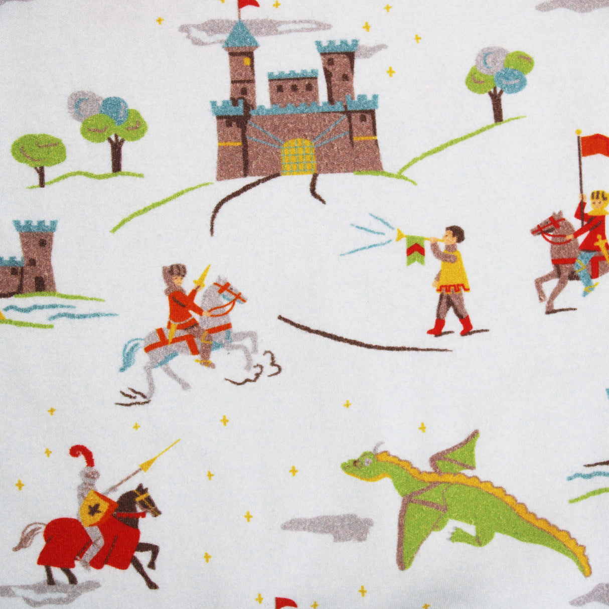 English knights, castle and dragon print on a blue cotton background