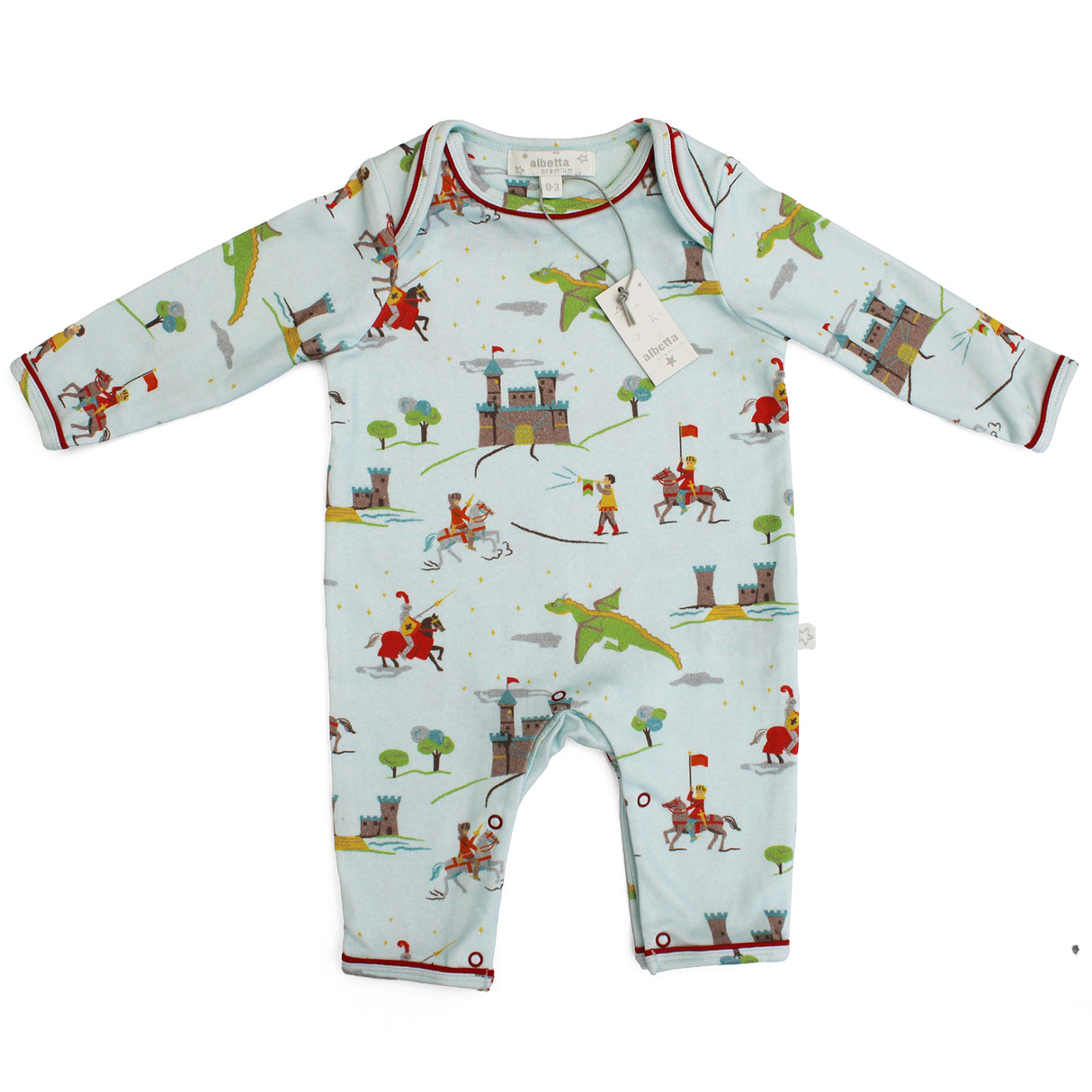 Soft cotton blue baby romper with knights, castle and dragons print