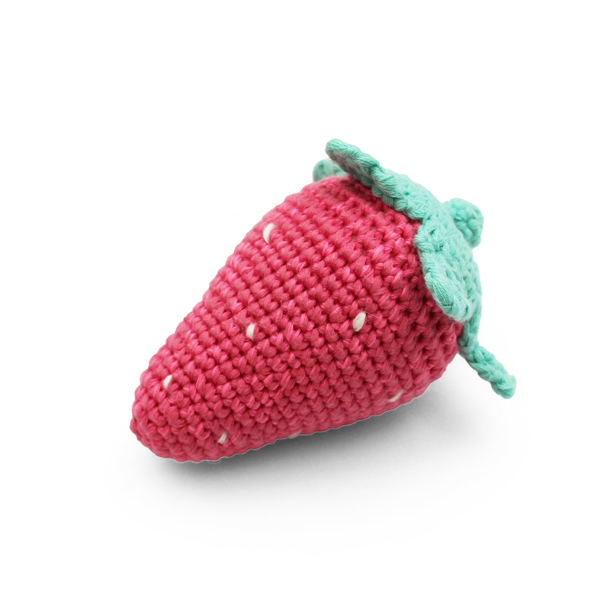 Crochet strawberry rattle on a white background
