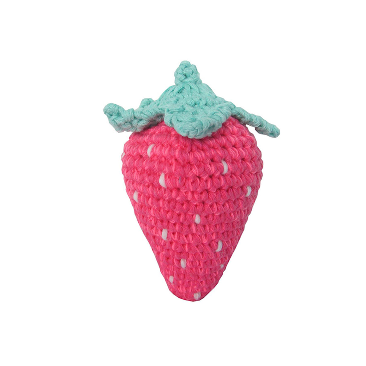 Crocheted strawberry toy with pink body and green leaves on a white background