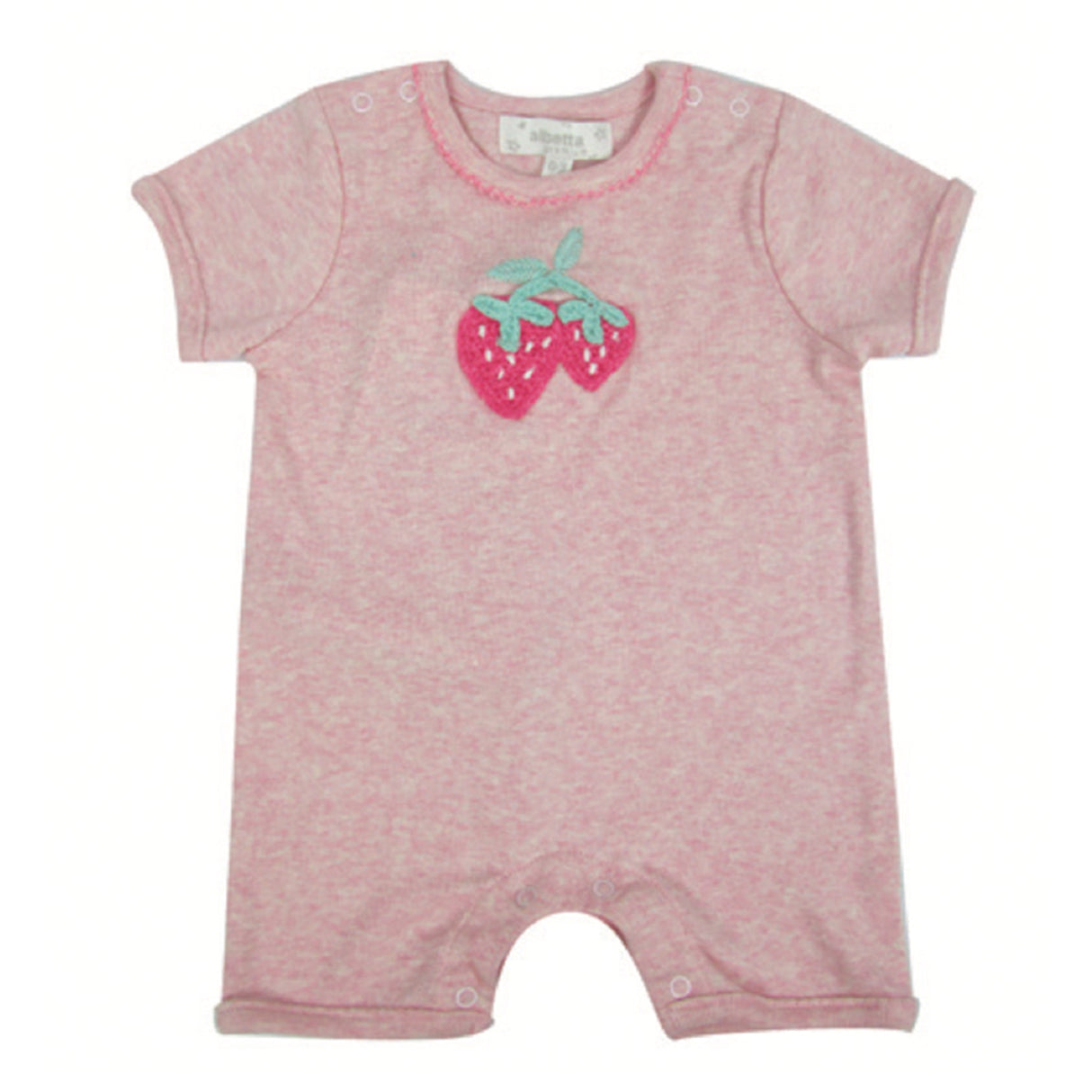 Pink baby romper with crochet strawberry design on a white background