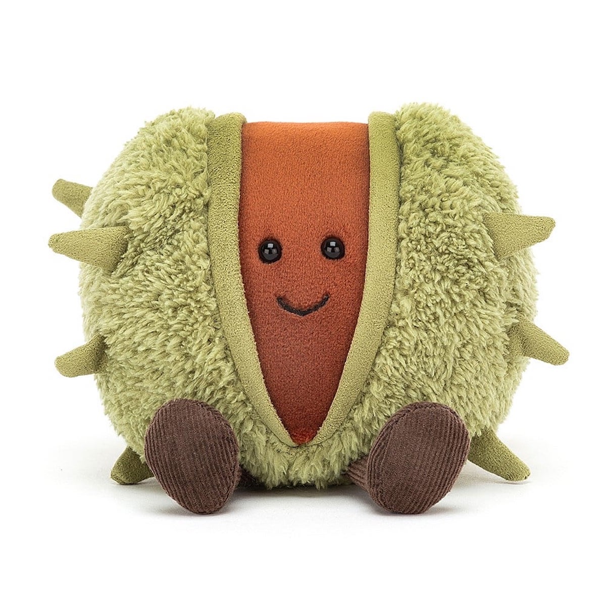 A plush toy resembling a conker, with a soft green shell and a brown body, sitting upright with a happy expression.