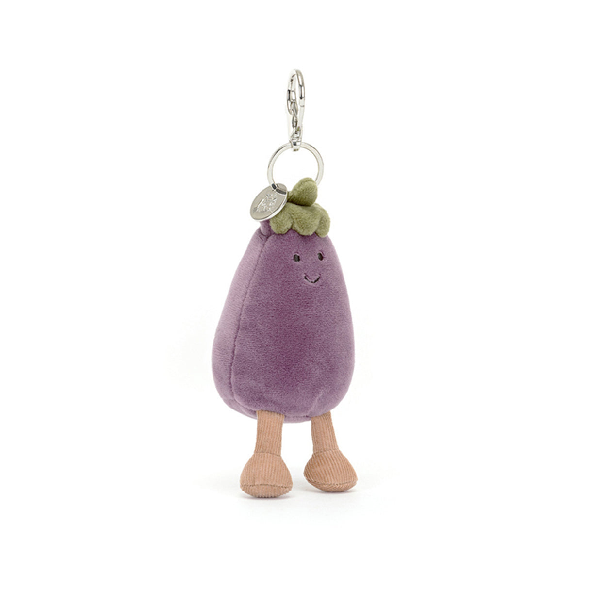 Plush keychain shaped like an eggplant aubergine with a smiling face on a white background