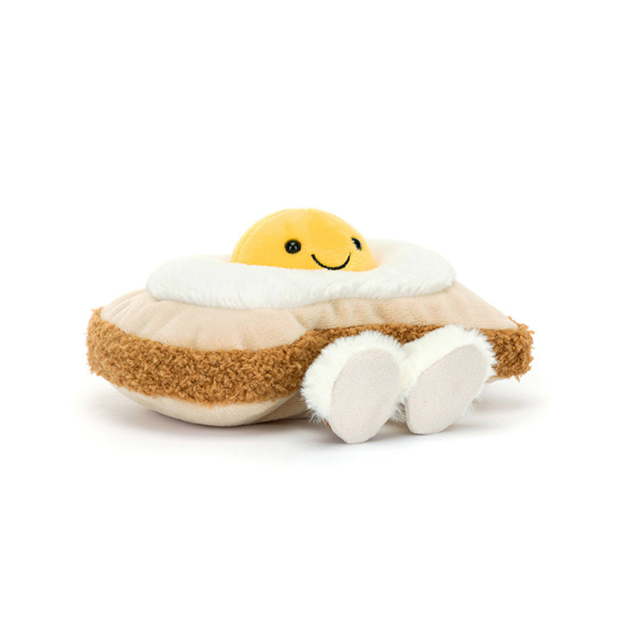 Jellycat Plush toy resembling a fried egg with a smiling face on a white background