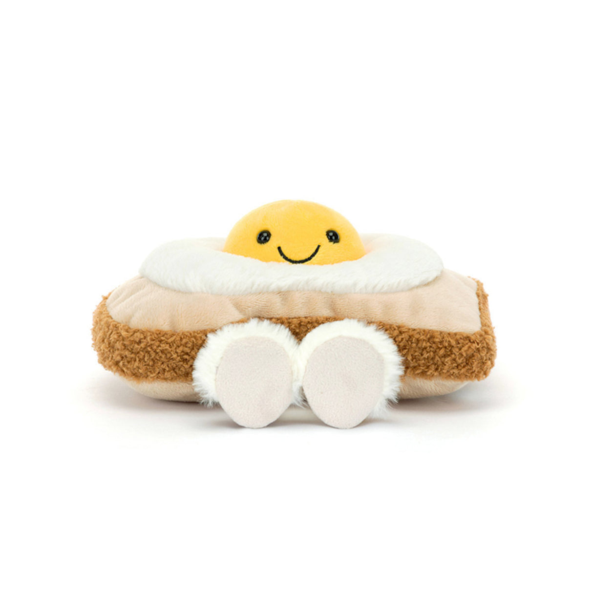 Jellycat Plush toy resembling a fried egg with a smiling face on a white background