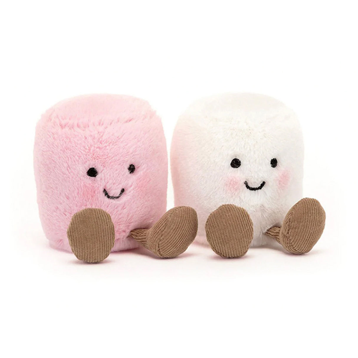 A pair of pink and white Jellycat Amuseables Marshmallows with smiling faces, showing rosy cheeks and stitched details.