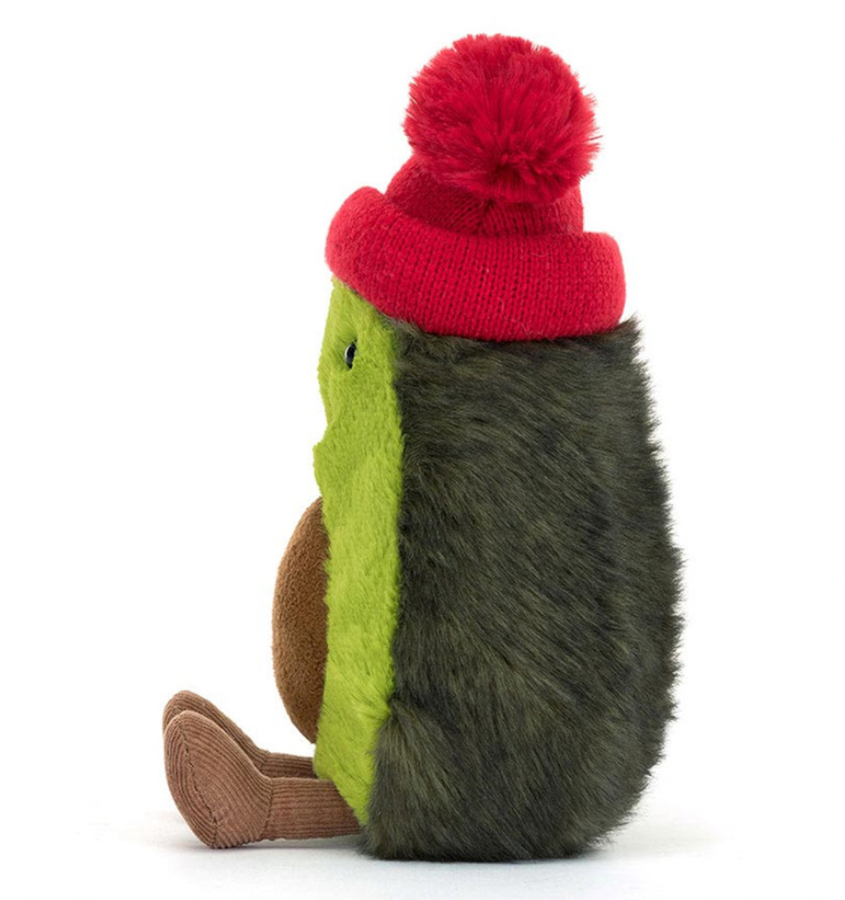 A plush toy resembling an avocado with a green body and brown feet, wearing a red knitted double-bobble hat.