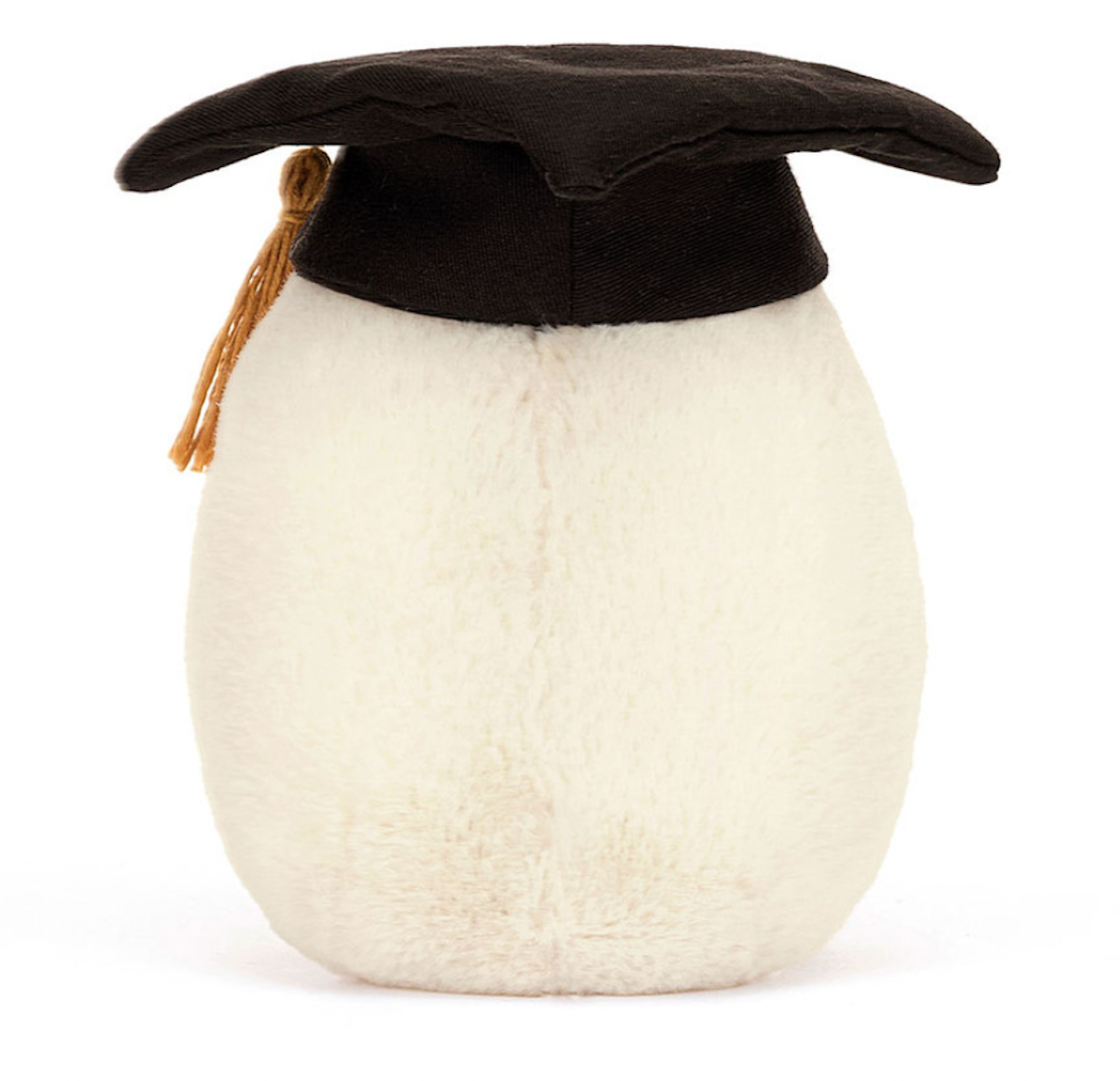 A plush toy resembling a boiled egg wearing a black graduation cap with a golden tassel.