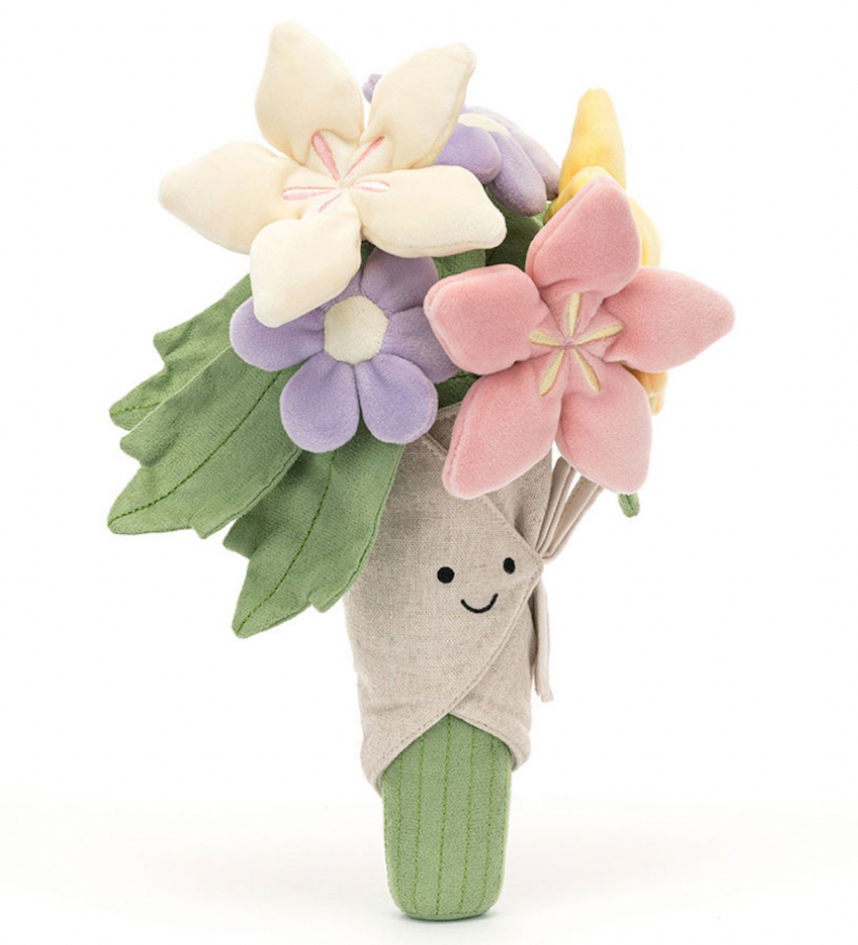 A plush toy bouquet of flowers with varied colors like pink, purple, and yellow, with a smiling face on the front and wrapped in a beige cloth.