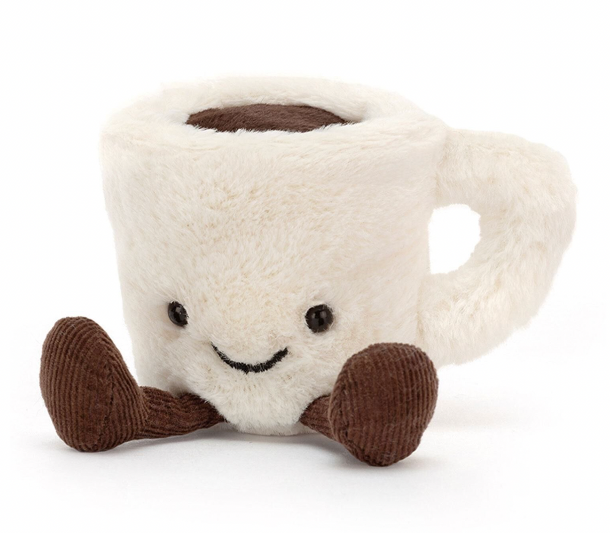 A plush toy designed to look like an espresso cup with a smiling face and chocolatey cordy feet.