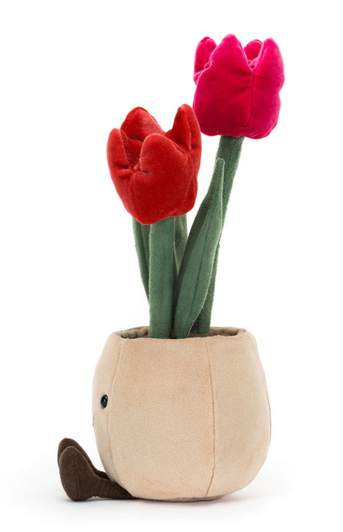 A plush toy depicting a beige pot with two pink tulips and green leaves