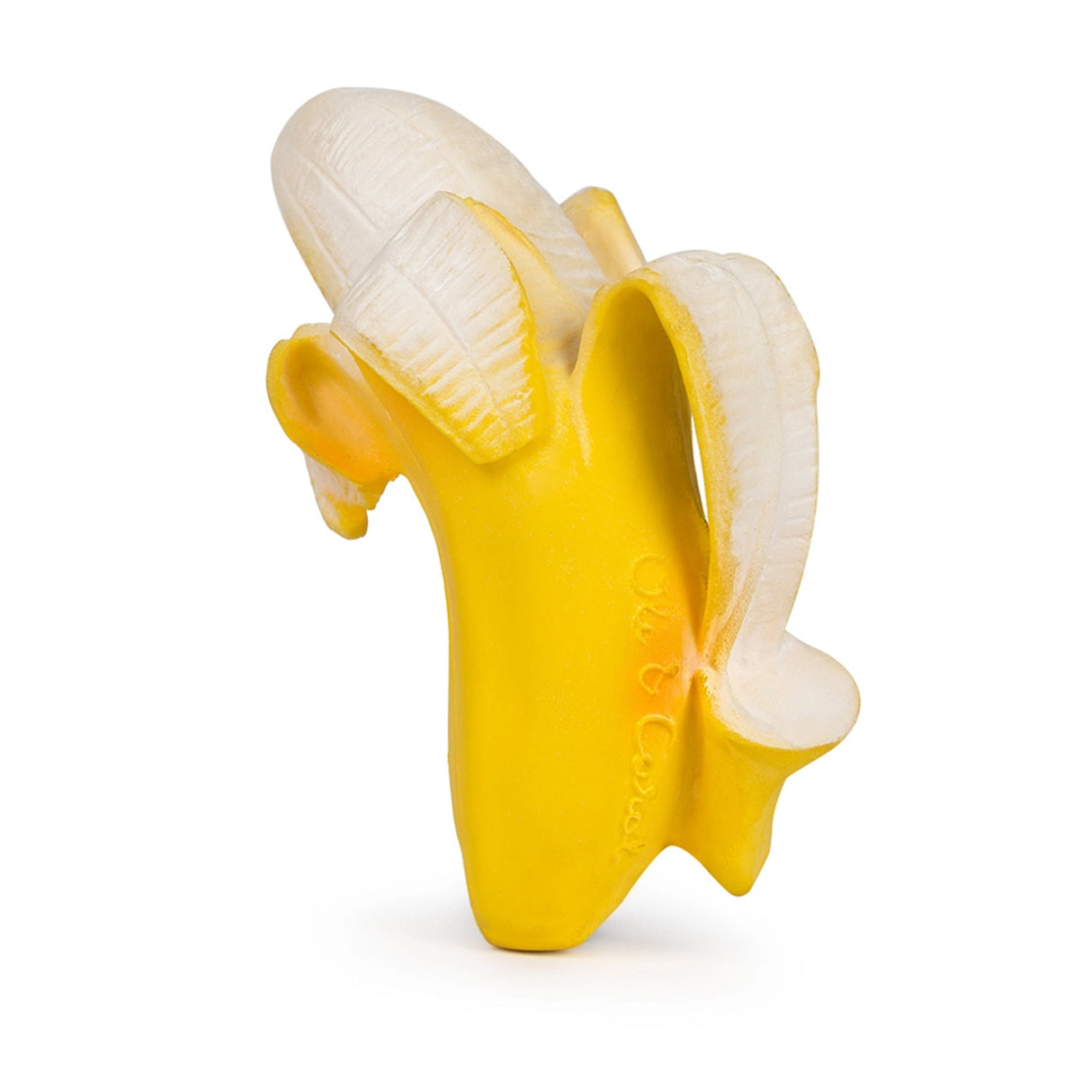 Yellow banana baby teether bath toy on a white background
