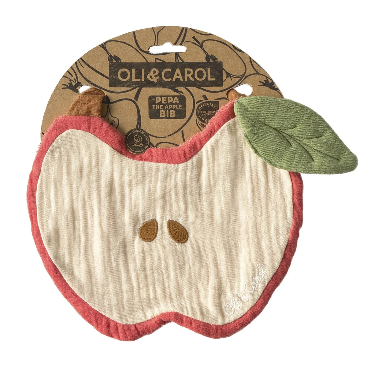 Oli & Carol Pepa The Apple Bib on its original kraft card packaging, showing Oeko-Tex and organic cotton certifications