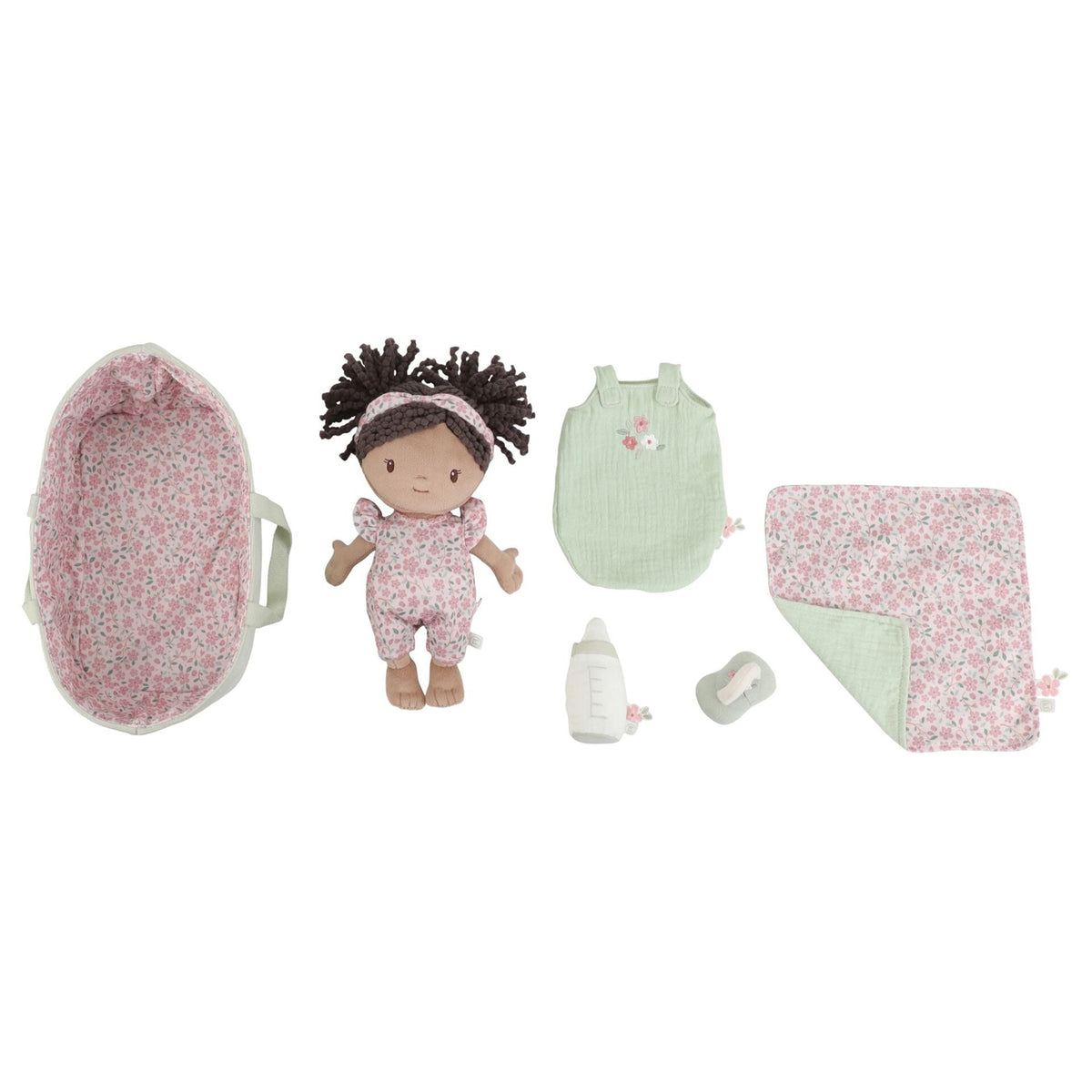Little Dutch Baby Doll Evi flat lay showing doll, sage green basket, sleeping bag, floral blanket, bottle and dummy