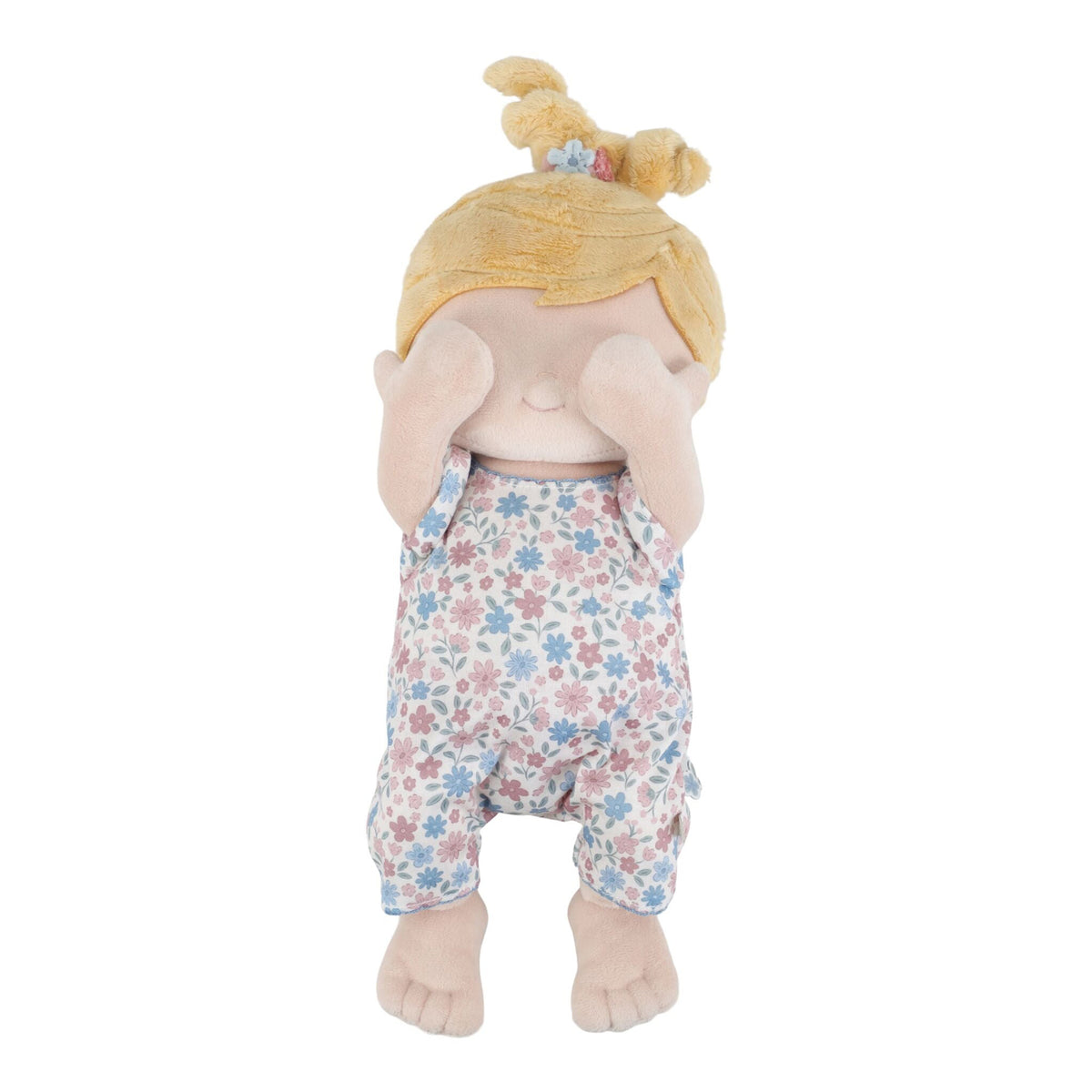 Little Dutch soft baby doll Julia with blonde hair, wearing a floral print romper in pink, blue, and white, set against a plain white background.