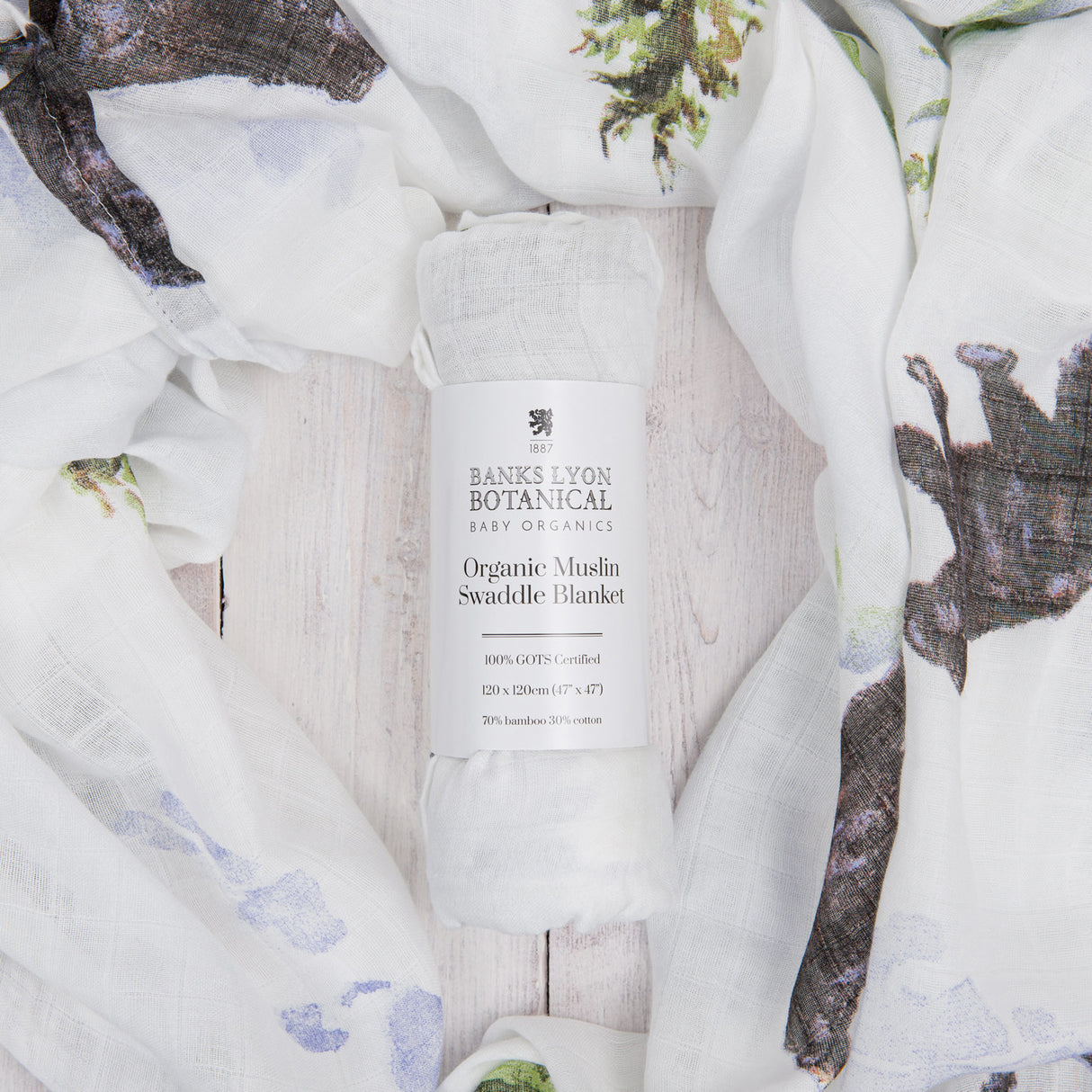 Banks Lyon Botanical Organic Muslin Swaddle Blanket with bear and mountain print