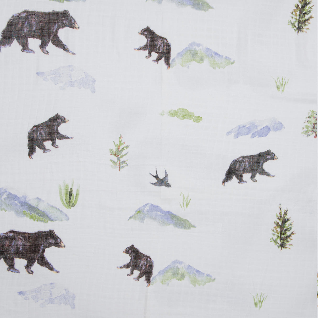 Pattern of bears, mountains, and trees on a baby swaddle blanket