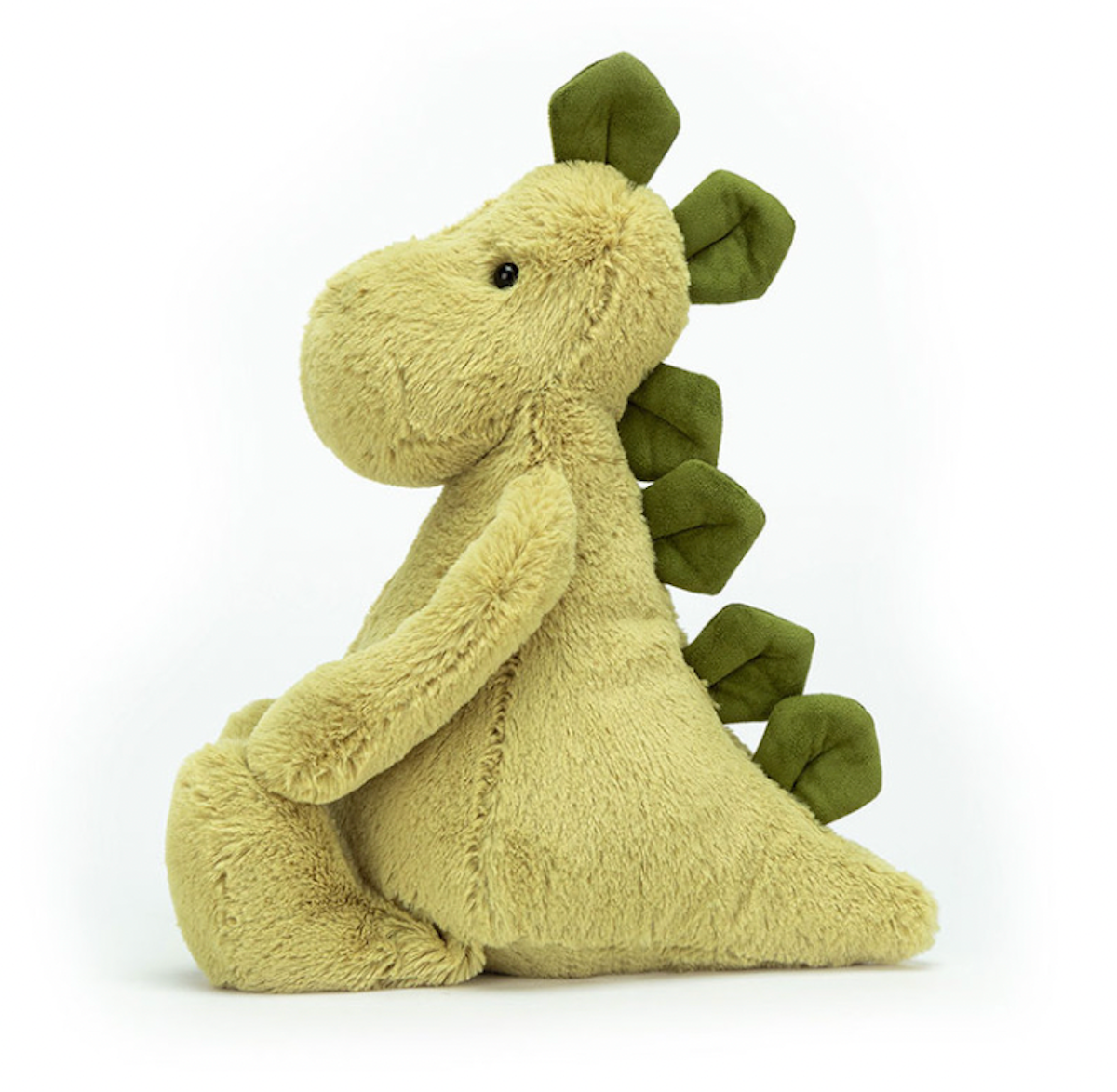A green soft plush toy dinosaur with a snuggly snout