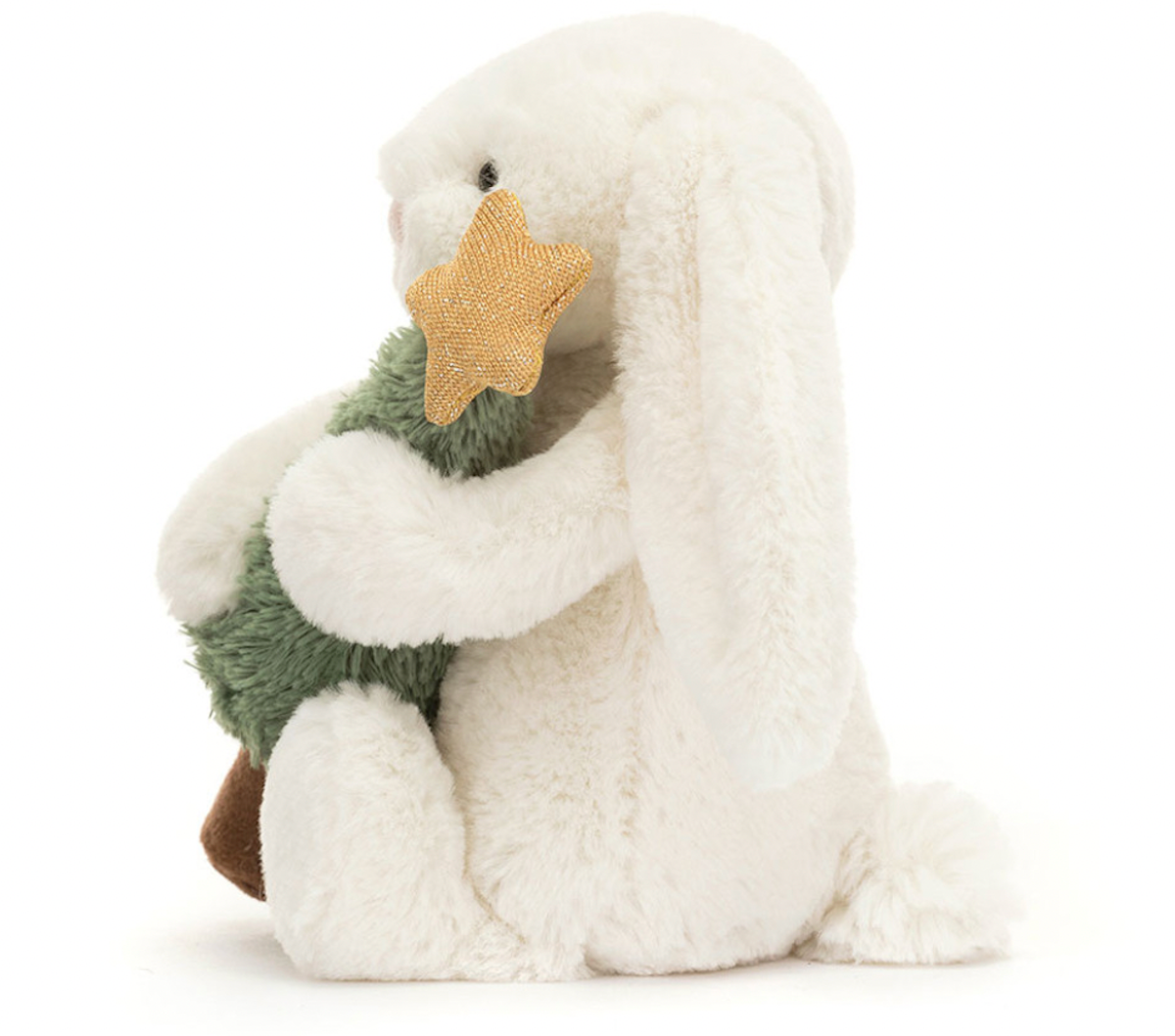 White Bunny holding a Christmas Tree with a gold star