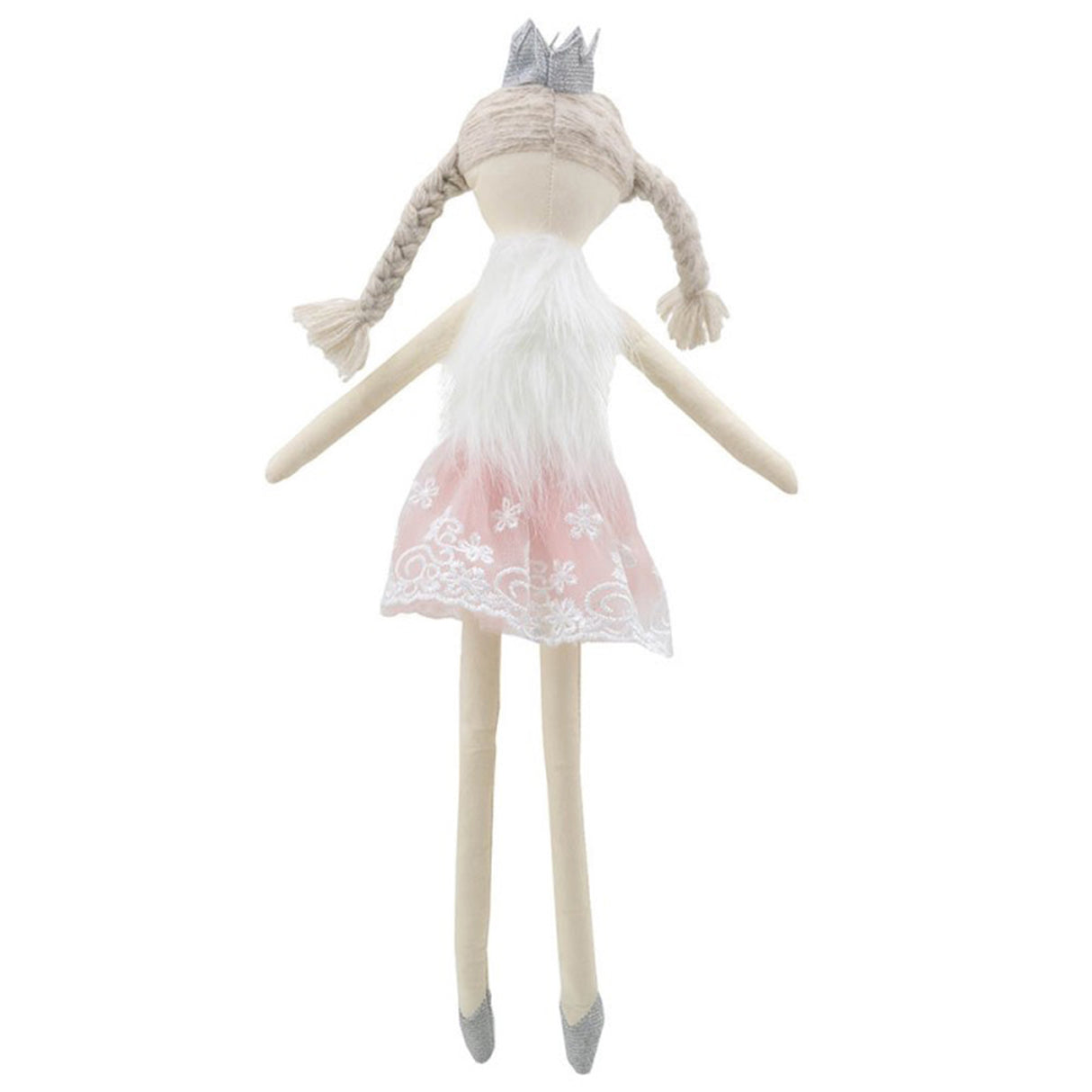 A soft fabric doll with a sparkly crown, furry top, and embroidered skirt, predominantly in white and pink colors.