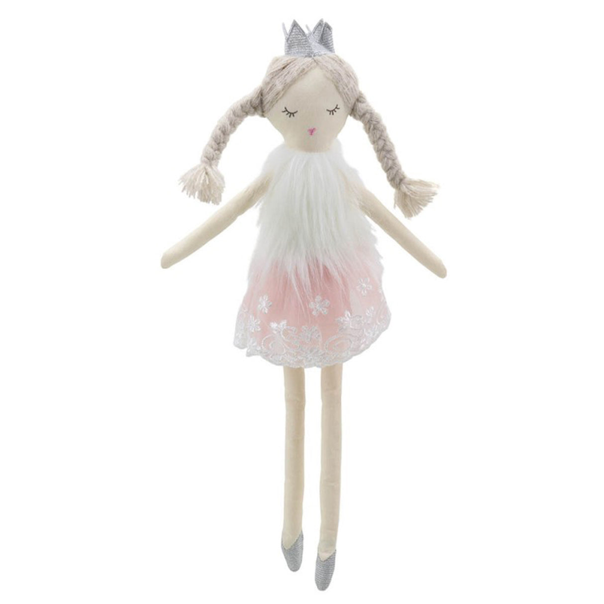 A soft fabric doll with a sparkly crown, furry top, and embroidered skirt, predominantly in white and pink colors.
