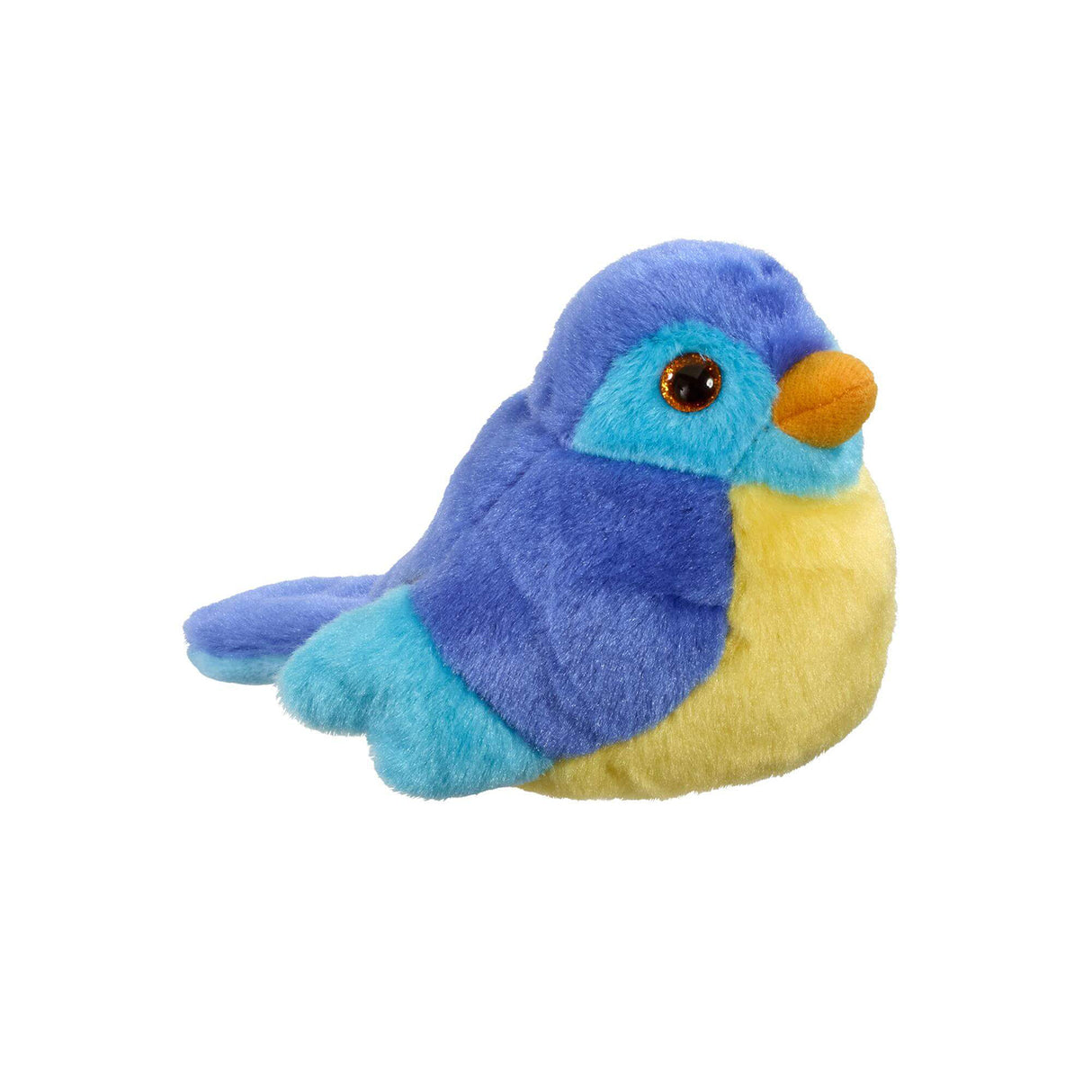 Plush musical toy bird with blue and yellow colours on a white background