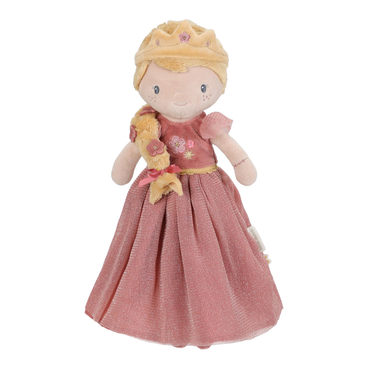 Soft doll with long pink dress and blonde braid wearing a crown on a white background