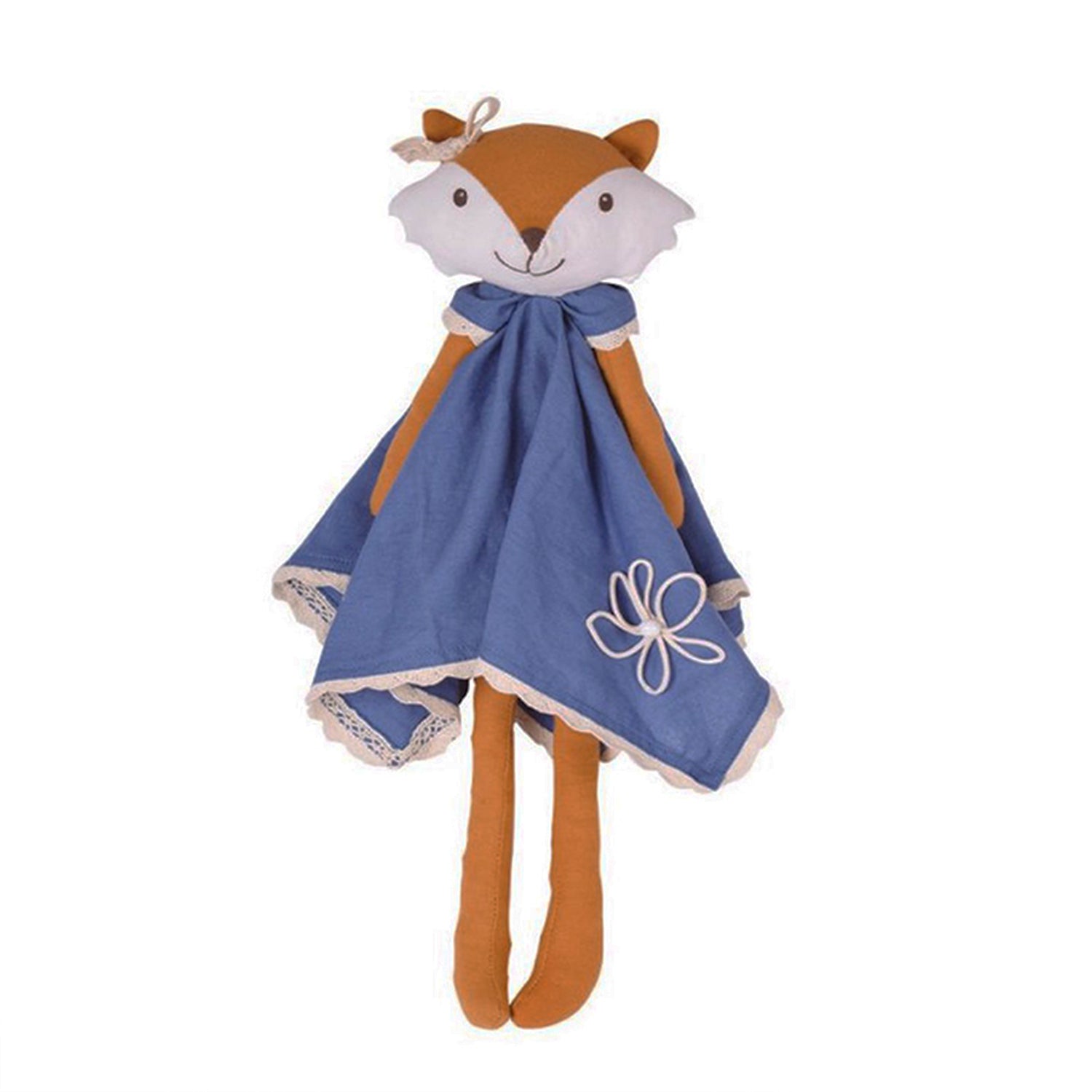 Stuffed fox toy with a blue dress on a white background