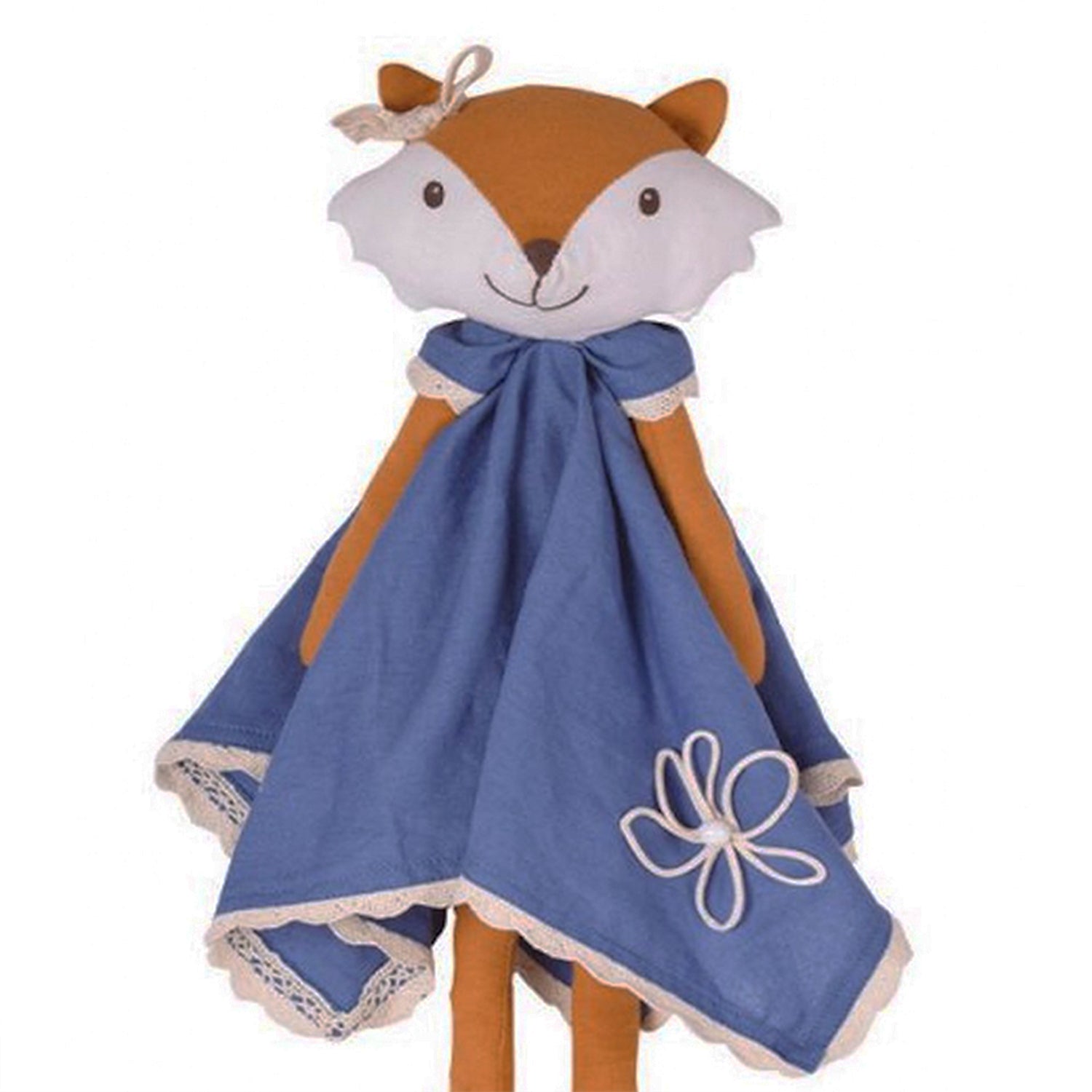 Plush fox toy with a blue dress and cream flower on a white background