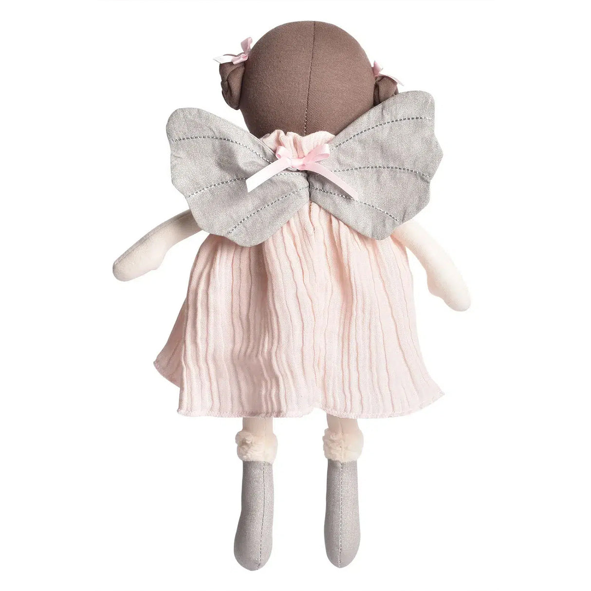 Stuffed toy with a pink dress and gray wings on a white background