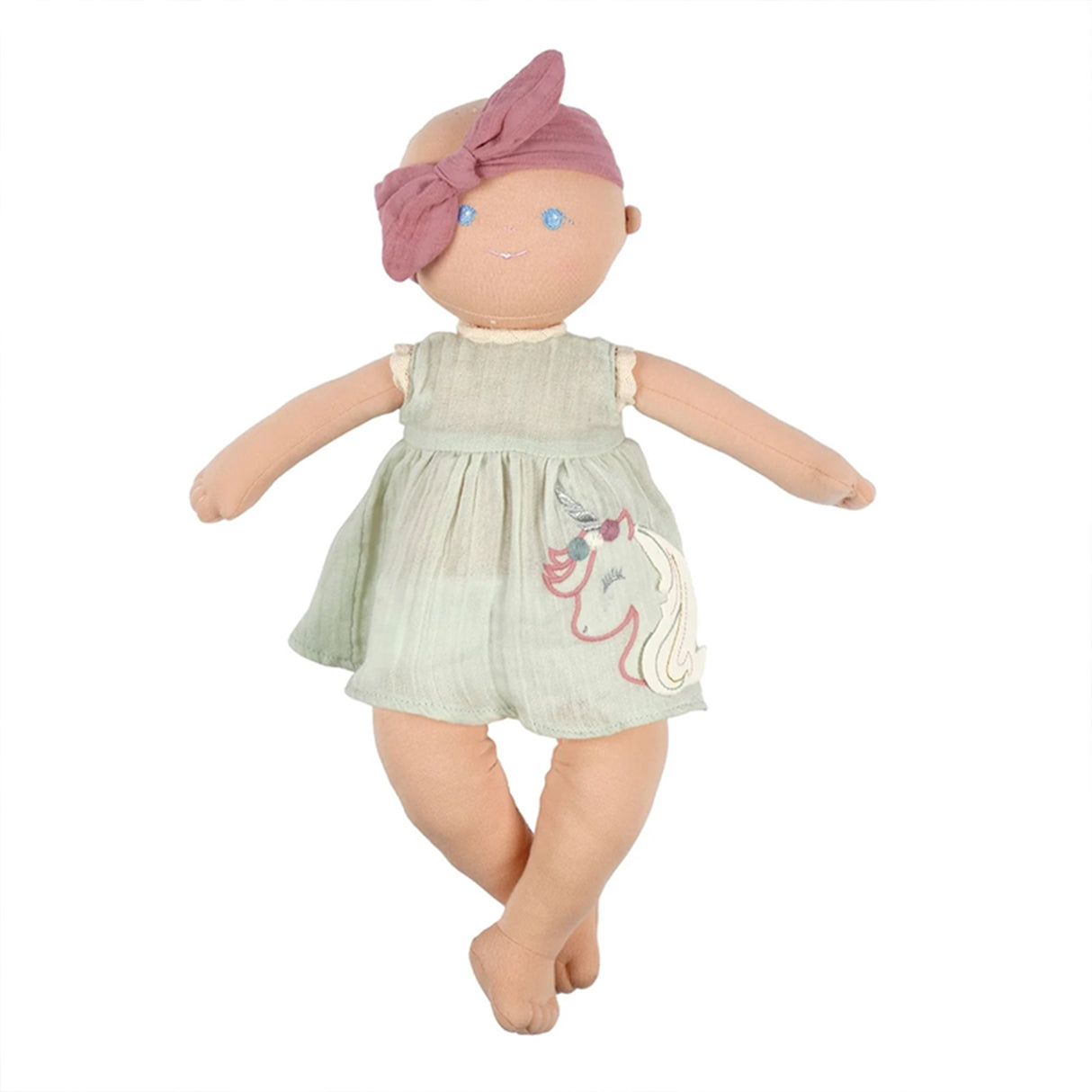 Soft rag doll with a green dress and pink headband on a white background