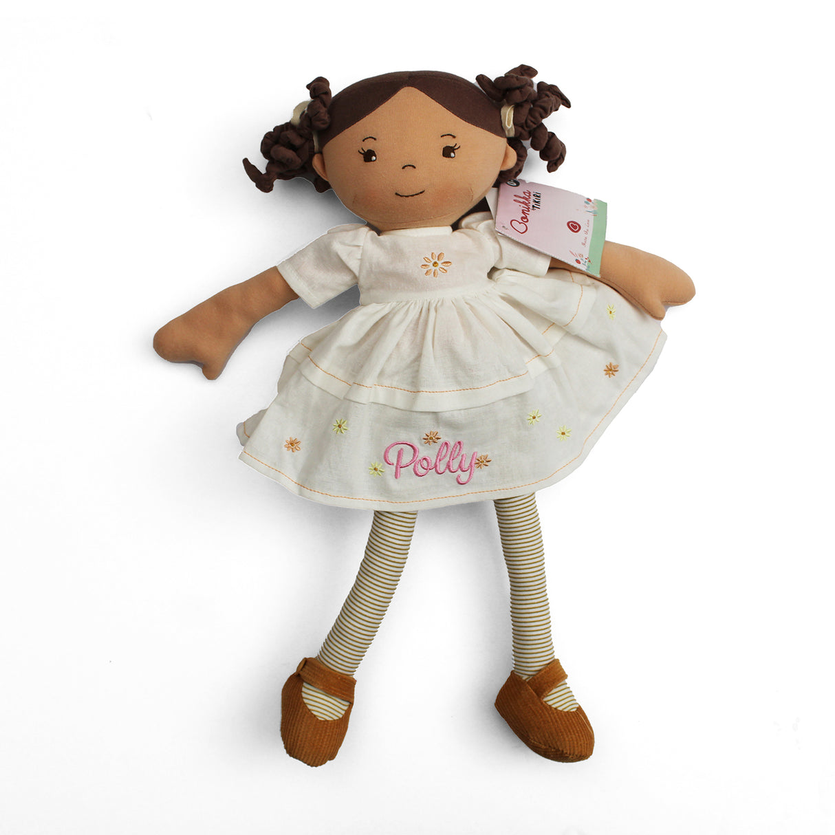 Plush soft rag doll with name Polly personalised on the cream dress which has brown and yellow flowers. The doll also has brown and cream stripey tights and brown shoes on a white background