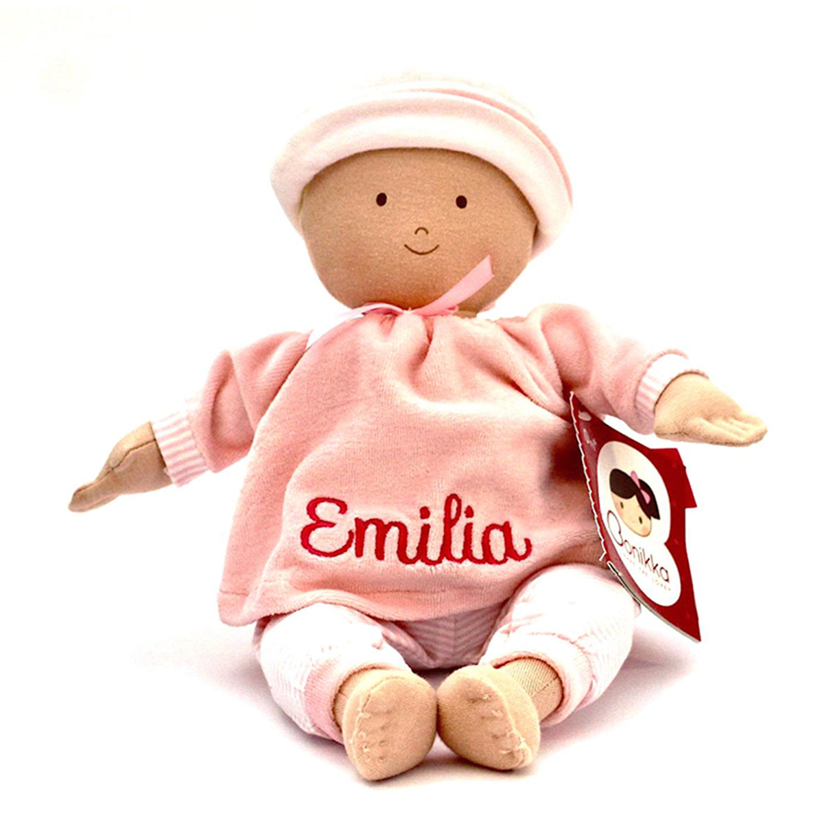Plush doll in pink outfit with 'Emilia' embroidered on it, wearing a white hat, on a white background.