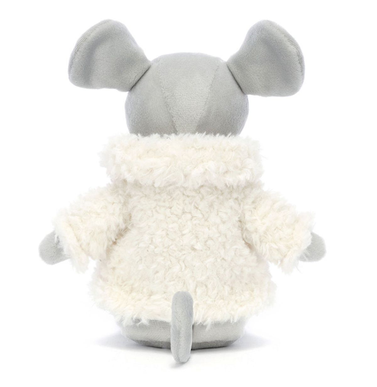 A plush toy depicting a mouse with silver-grey fur, fluted ears, a long curled tail, and a comfy coat