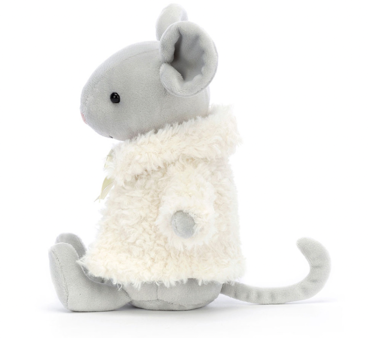 A plush toy depicting a mouse with silver-grey fur, fluted ears, a long curled tail, and a comfy coat