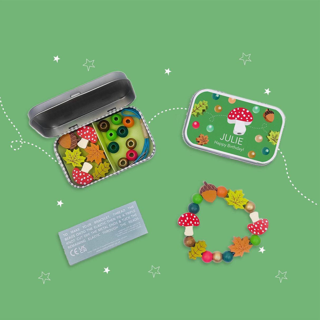 Forest-themed bracelet kit with colorful beads and a completed bracelet on a green background