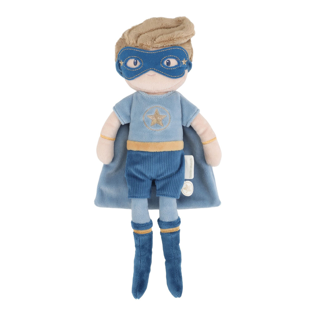 Soft doll toy superhero Jim with blue cape and mask on a white background