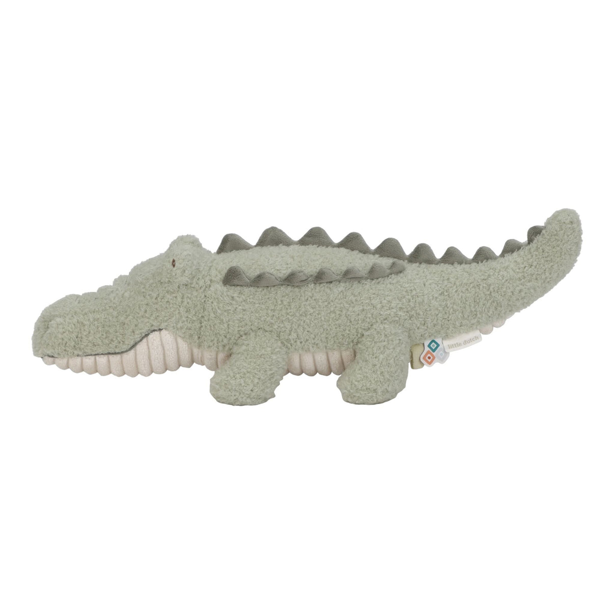 A plush alligator toy in a textured sage green fabric with a lighter cream-colored underside and mouth interior, shown against a plain white background.