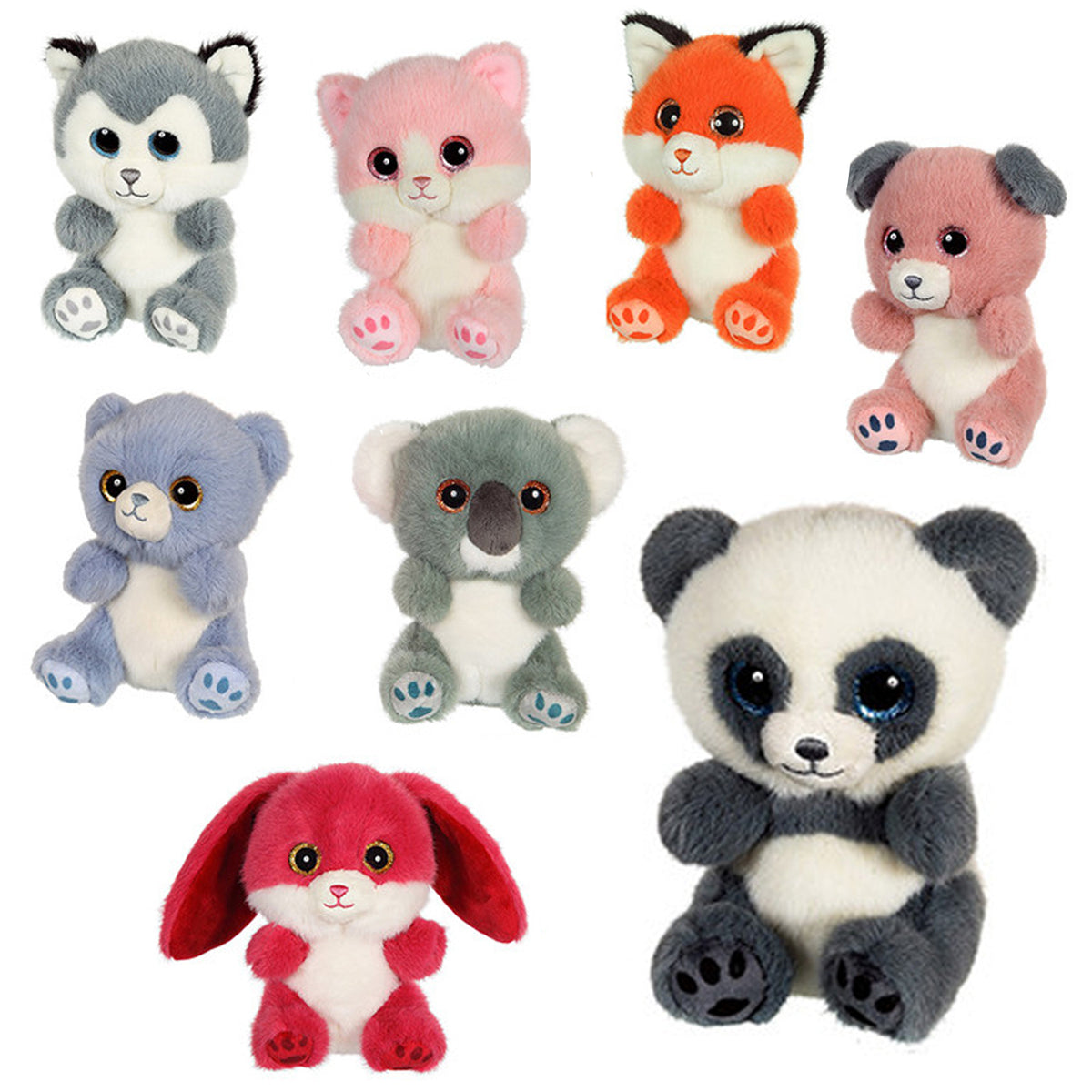 A set of eight soft animal toys arranged on a plain white background, including a husky, pink cat, orange fox, pink dog, blue bear, koala, panda, and red rabbit.