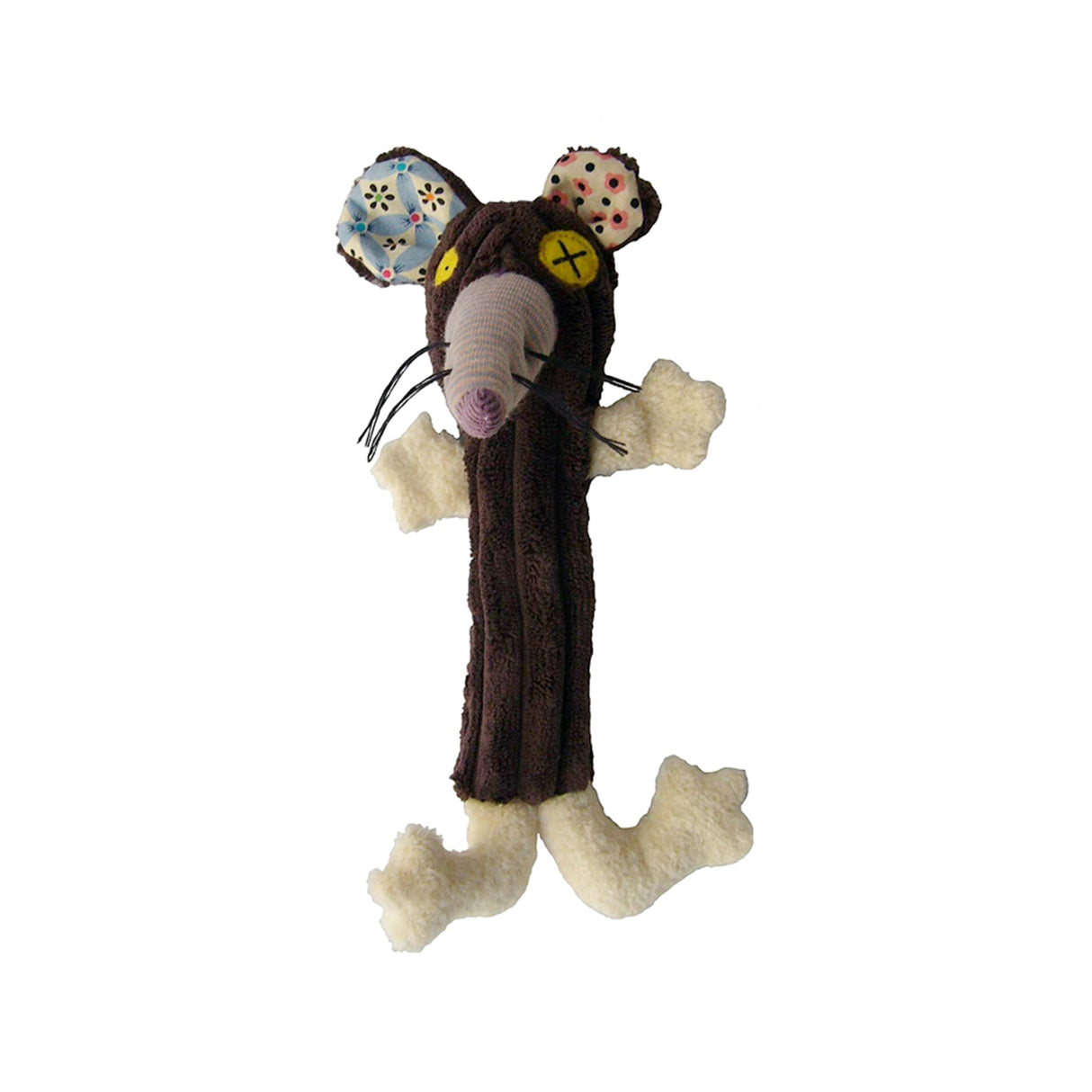 A plush toy resembling a brown and white rat with a squeaker feature, designed for babies.