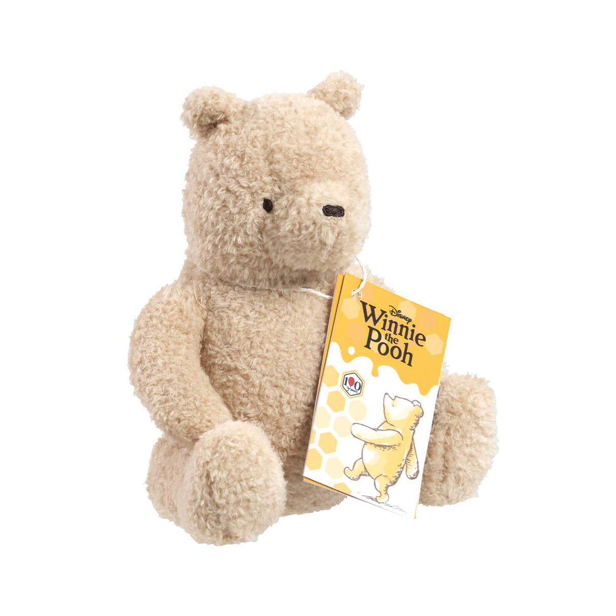 Disney Winnie the Pooh 100 curly plush bear sitting with Rainbow Designs gift tag, side angle on white background