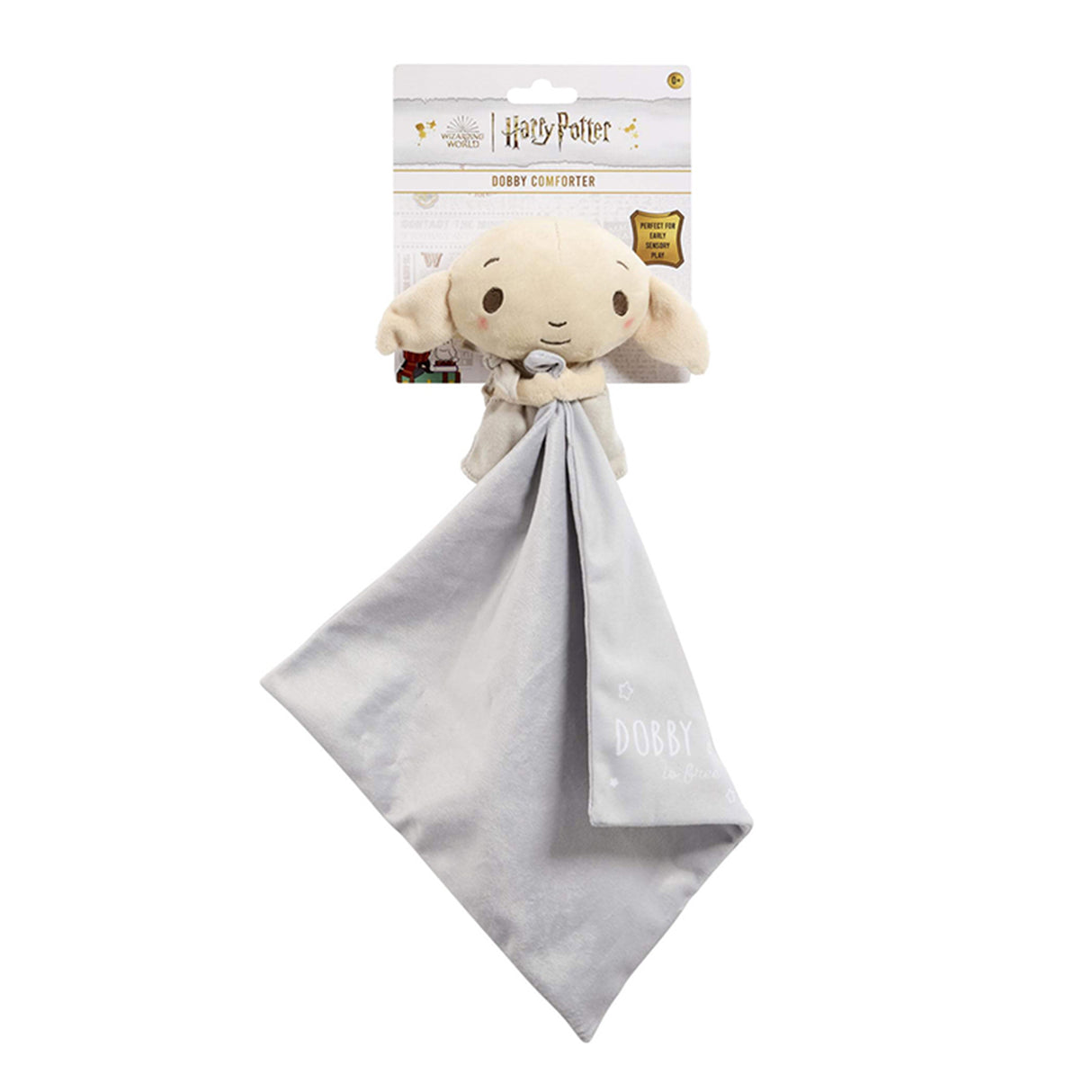 Harry Potter themed Dobby comforter for babies, featuring a plush Dobby the house-elf on a grey velvety blanket, with subtle star details, packaged with a baby name personalization option.