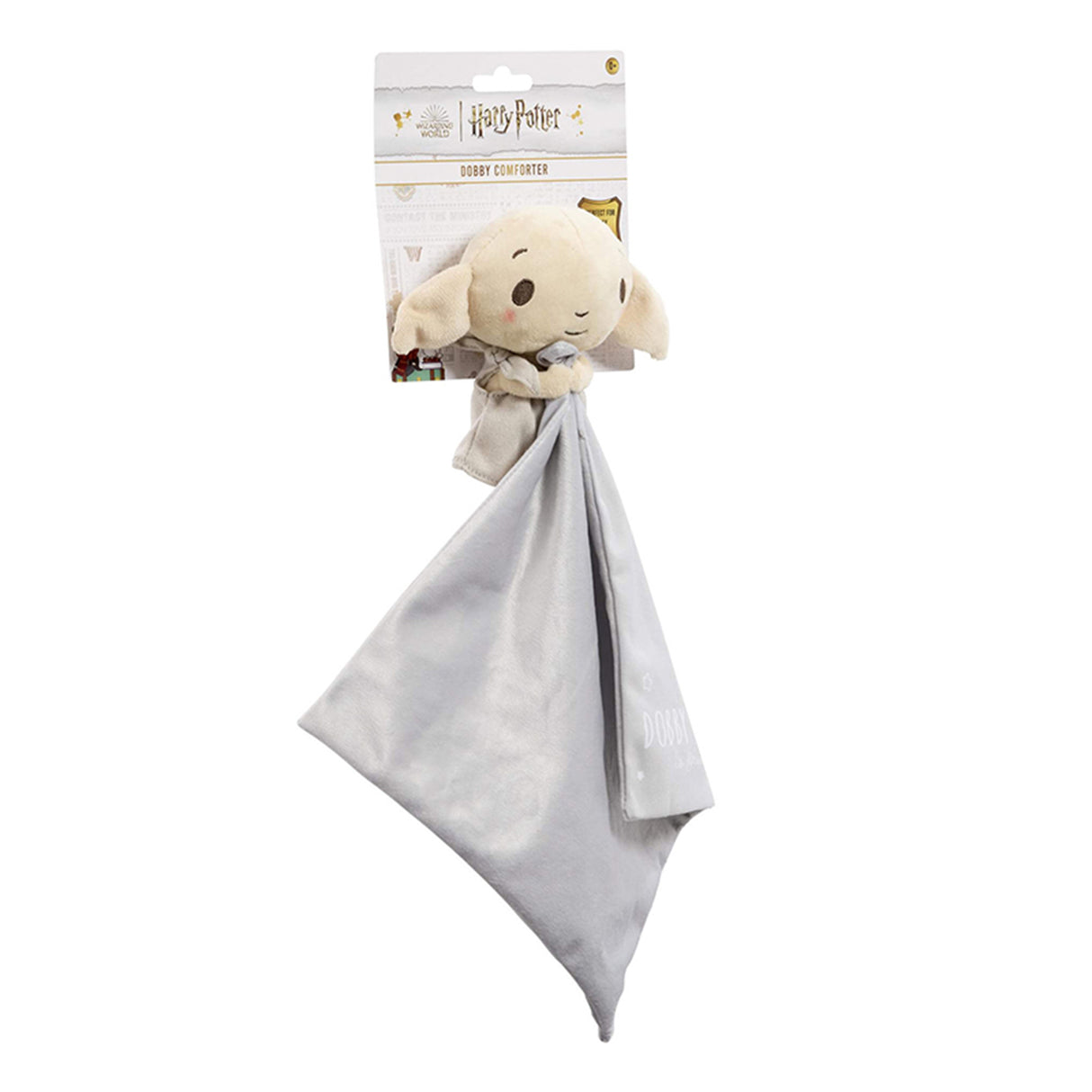 Harry Potter themed Dobby comforter for babies, featuring a plush Dobby the house-elf on a grey velvety blanket, with subtle star details, packaged with a baby name personalization option.