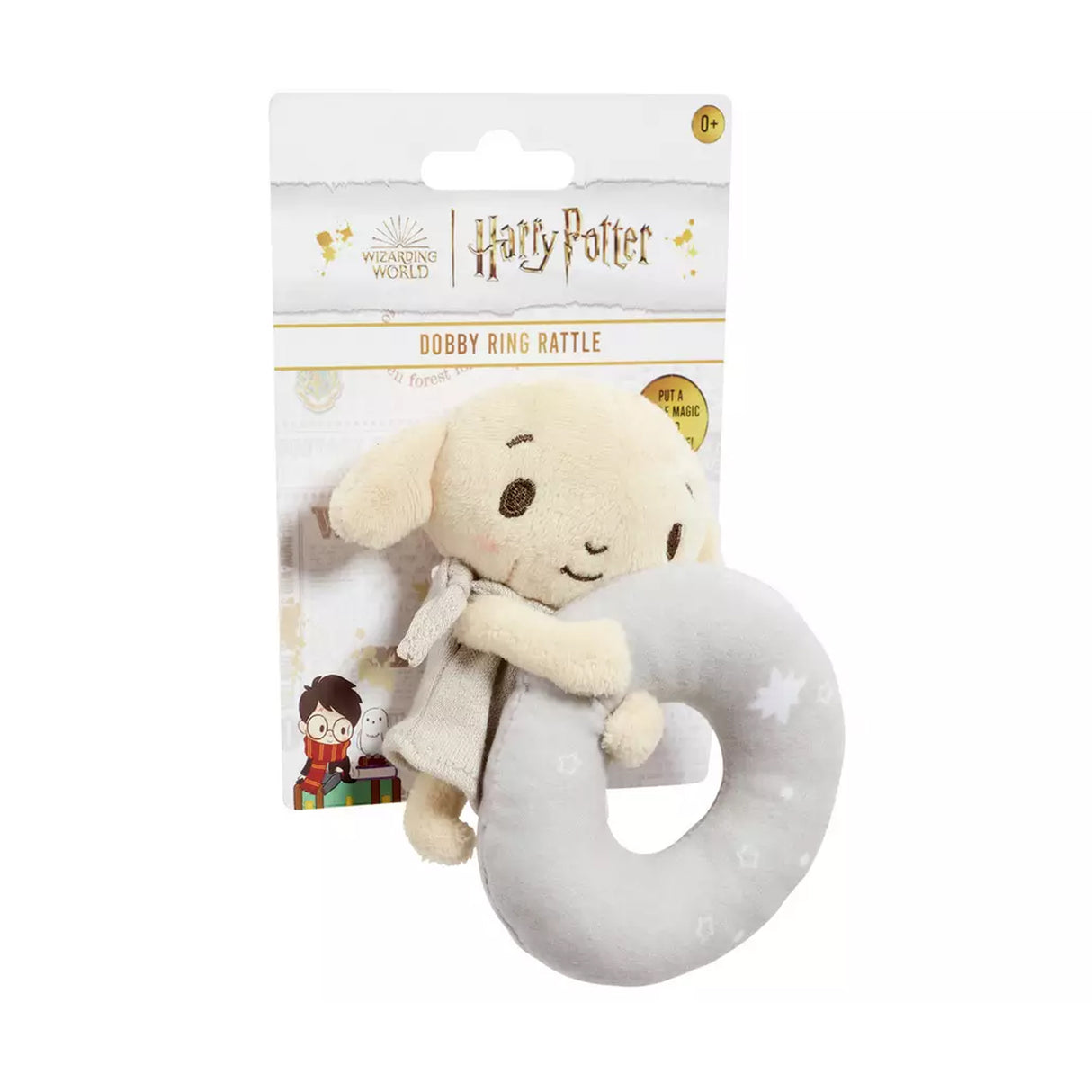 Plush Dobby toy with a ring and packaging featuring 'Harry Potter' branding on a white background.
