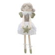 A cloth doll with curly hair and a gold headband, wearing a white skirt with gold stars and gray wings.
