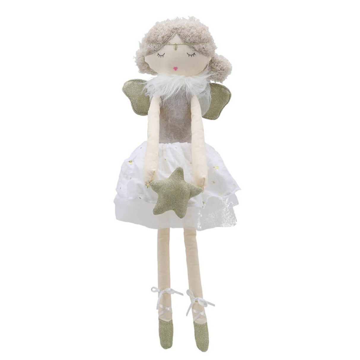 A cloth doll with curly hair and a gold headband, wearing a white skirt with gold stars and gray wings.