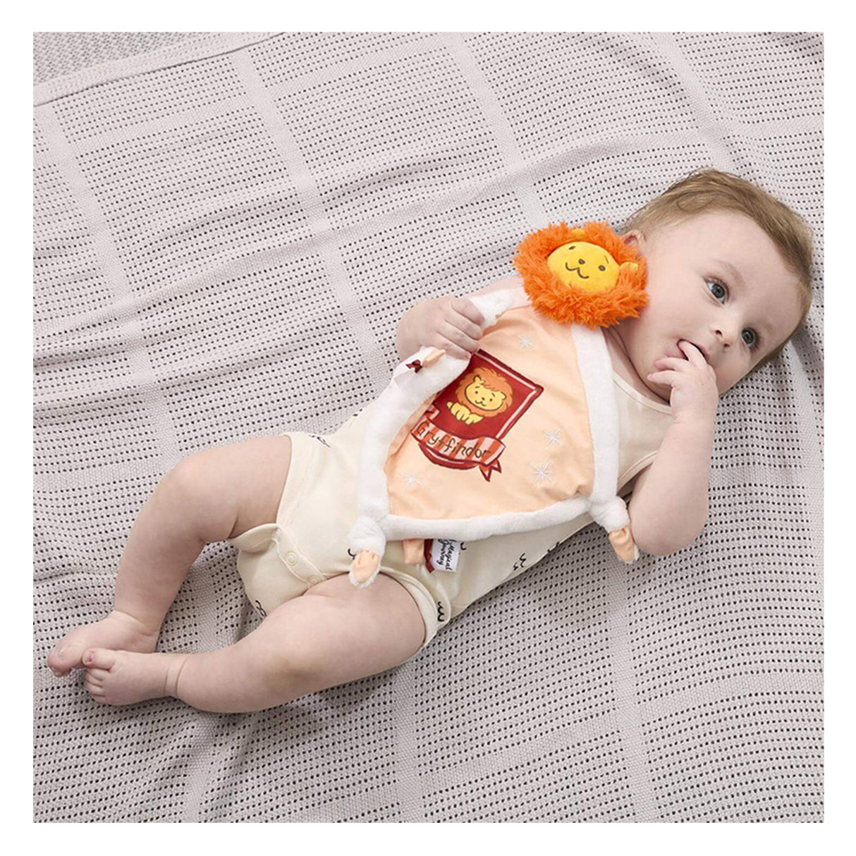 Baby holding a Harry Potter plush lion Gryffindor soother toy with a shield emblem on a white background