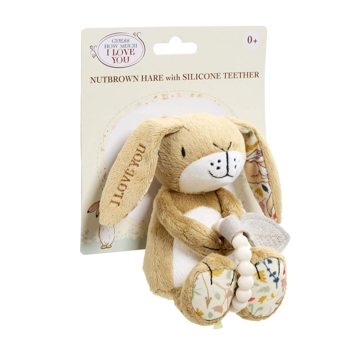 Guess how much i love you Plush bunny toy with silicone teether and packaging on a white background