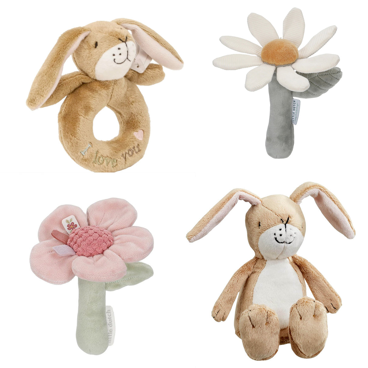 Set of soft toys rattles including a bunny, flowers, and a rabbit
ring on a white background