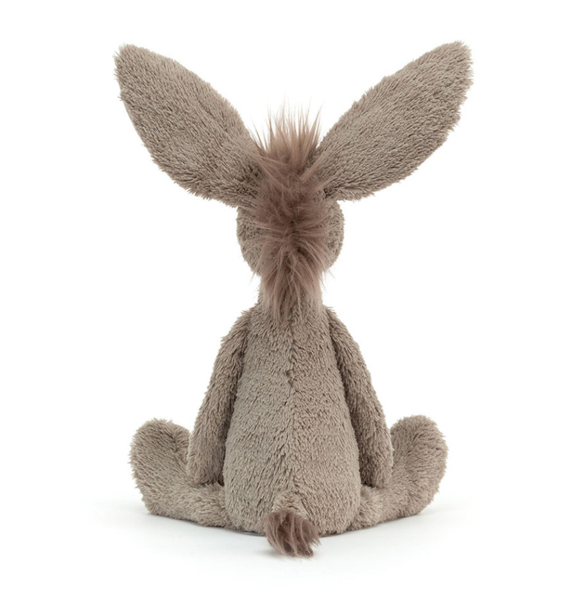 A soft gray fabric donkey toy with a spiky mane and long flappy ears, sitting upright.